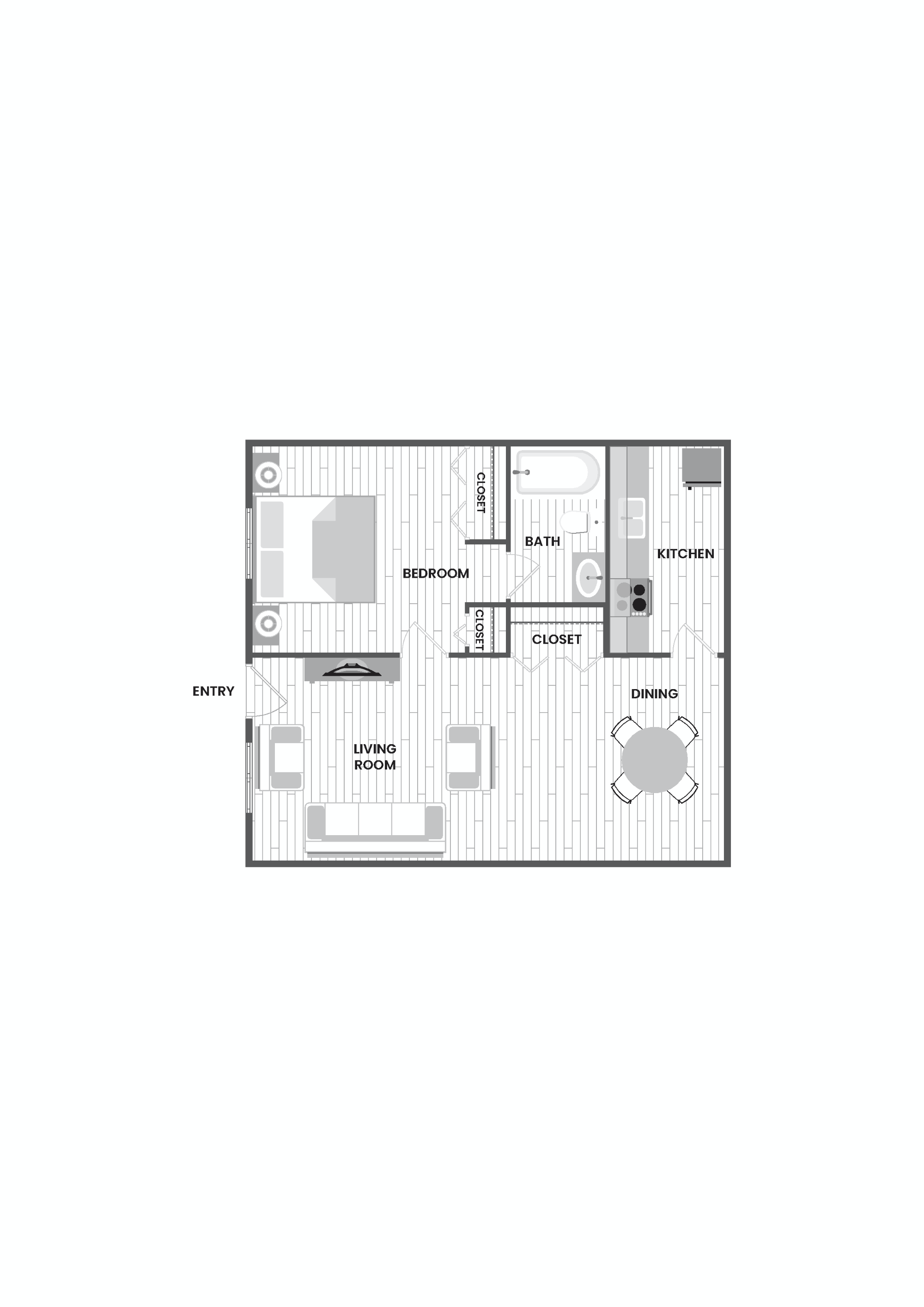 Floor plan for 1 bed, 1 bath, 600 sqft